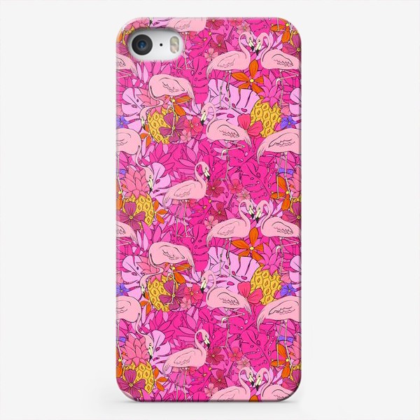 Чехол iPhone «Фламинго на фоне тропических цветов и листьев. Розовый»