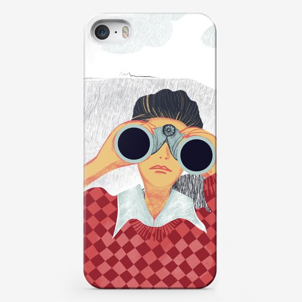 Чехол iPhone «Девушка с биноклем в горах в красных и сераъ тонах  - в свитере»