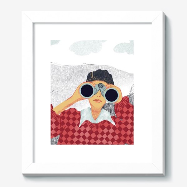 Картина «Девушка с биноклем в горах в красных и сераъ тонах  - в свитере»