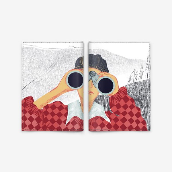 Обложка для паспорта «Девушка с биноклем в горах в красных и сераъ тонах  - в свитере»