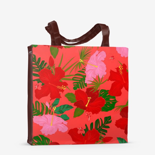 Сумка-шоппер «красные цветы и пальма на красном»