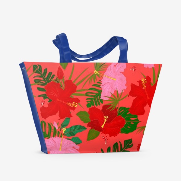 Пляжная сумка «красные цветы и пальма на красном»