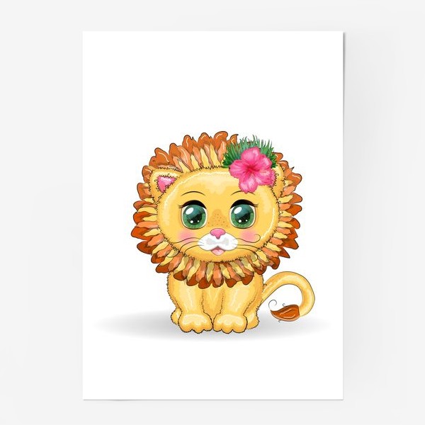 Постер «Львенок с цветком гибискуса, море, Гавайи, отдых. Знак зодиака ЛЕВ»