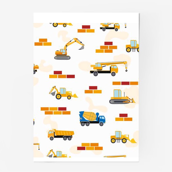 Постер «Подъёмный кран, экскаватор, бетомешалка, строительные машинки паттерн»