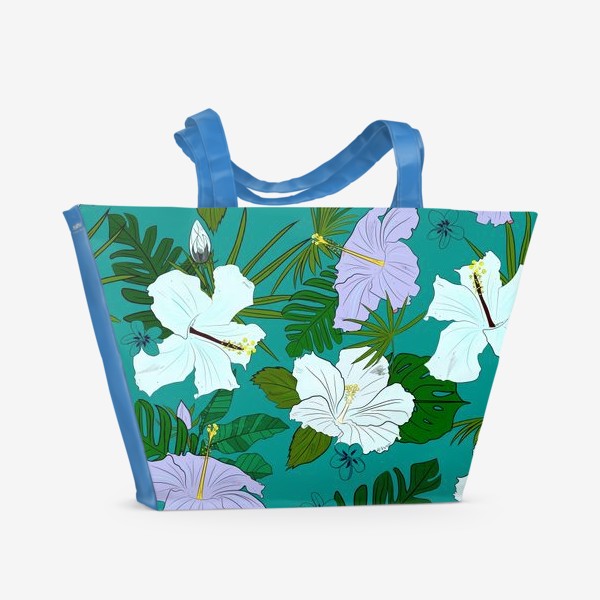 Пляжная сумка «гибискус и пальмы на голубом»