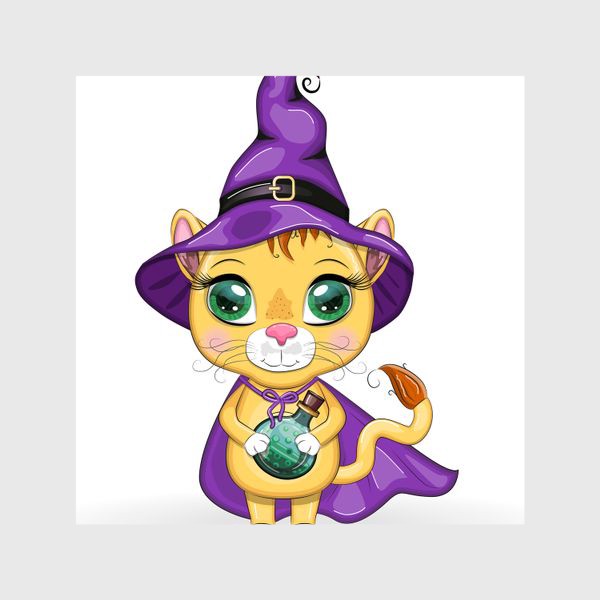 Шторы «Львица-волшебница в фиолетовом плаще, остроконечной шляпе держит зелье»