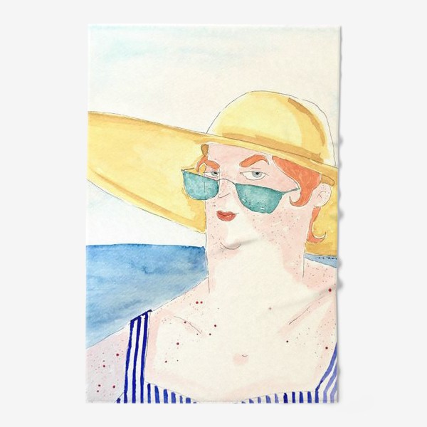 Полотенце «В отпуске на море в шляпе дама акварель »