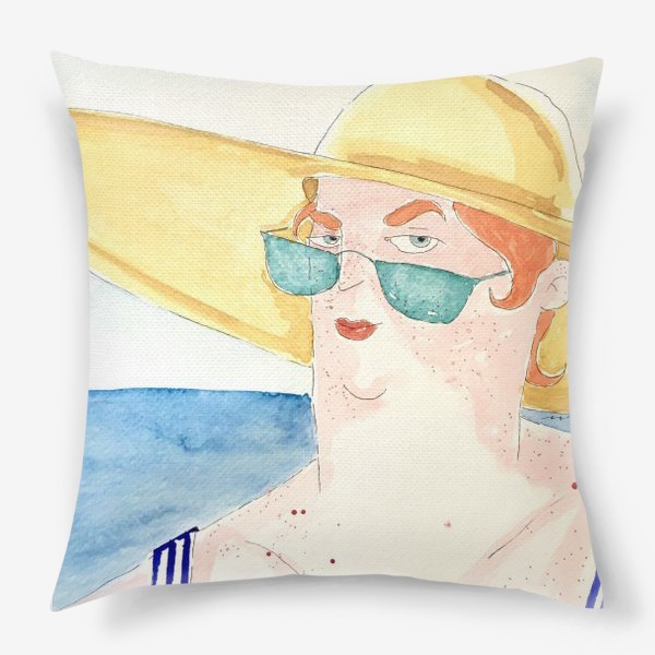 Подушка «В отпуске на море в шляпе дама акварель »