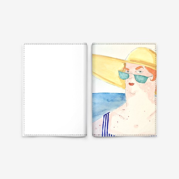 Обложка для паспорта «В отпуске на море в шляпе дама акварель »