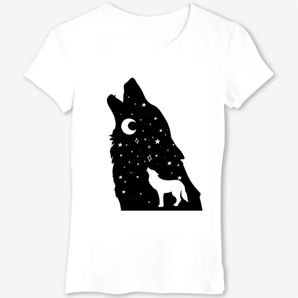 Футболка &laquo;волк воющий на луну, черная звездная голова с ночным небом и телом волка, серия магические животные&raquo;