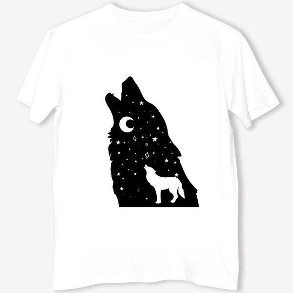Футболка «волк воющий на луну, черная звездная голова с ночным небом и телом волка, серия магические животные»