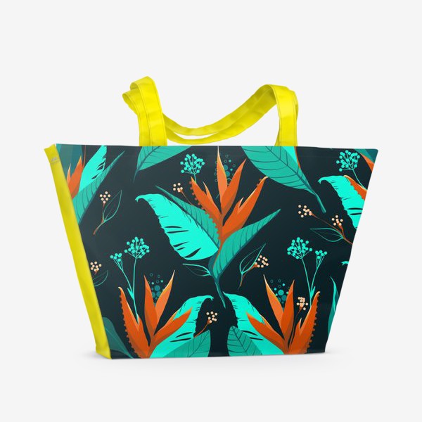 Пляжная сумка «Оранжевая стрелиция и голубые листочки»