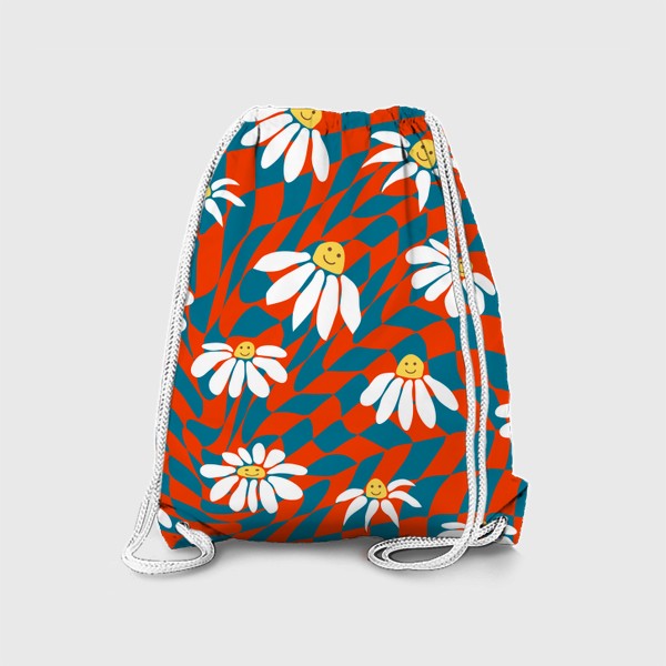 Рюкзак «Паттерн  в ретро стиле 1970х, улыбающиеся ромашки на фоне сетки завихрений»