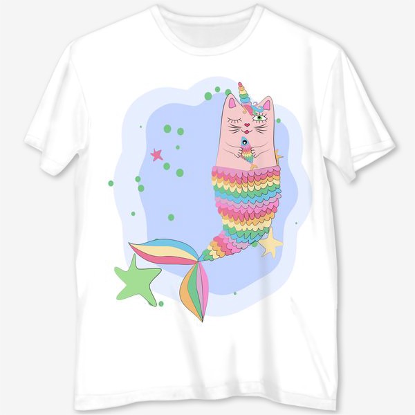 Футболка с полной запечаткой «Фэнтези-кот с рыбкой. Кот-единорог-русалка. Фантастические животные, символ 2023 года »