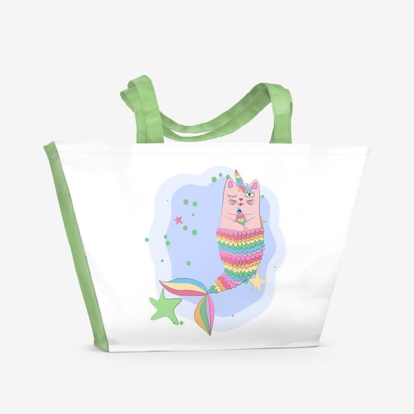 Пляжная сумка «Фэнтези-кот с рыбкой. Кот-единорог-русалка. Фантастические животные, символ 2023 года »
