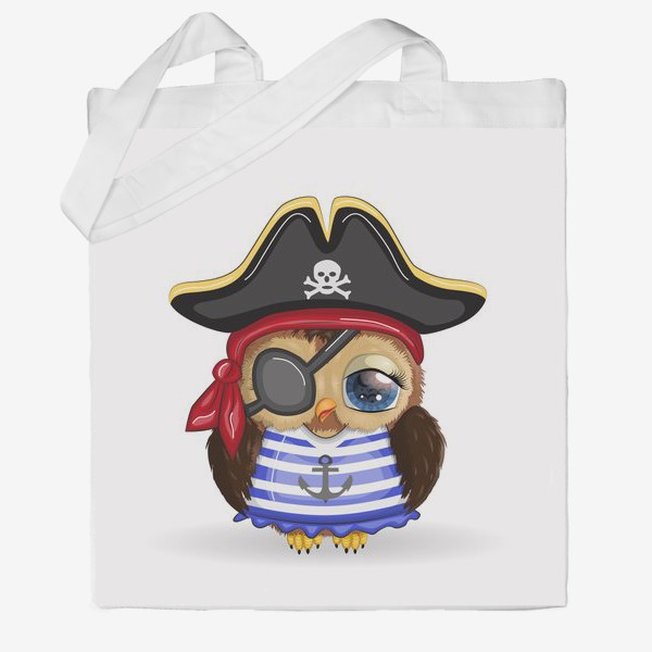 Сумка хб «Сова-пиратка в треуголке, полосатой майке и с повязкой на глазу»