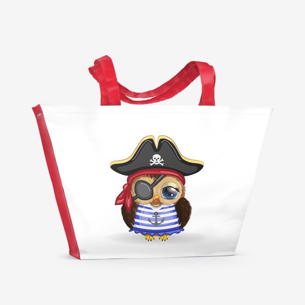 Пляжная сумка «Сова-пиратка в треуголке, полосатой майке и с повязкой на глазу»