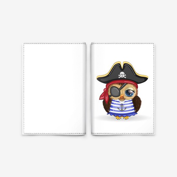Обложка для паспорта «Сова-пиратка в треуголке, полосатой майке и с повязкой на глазу»