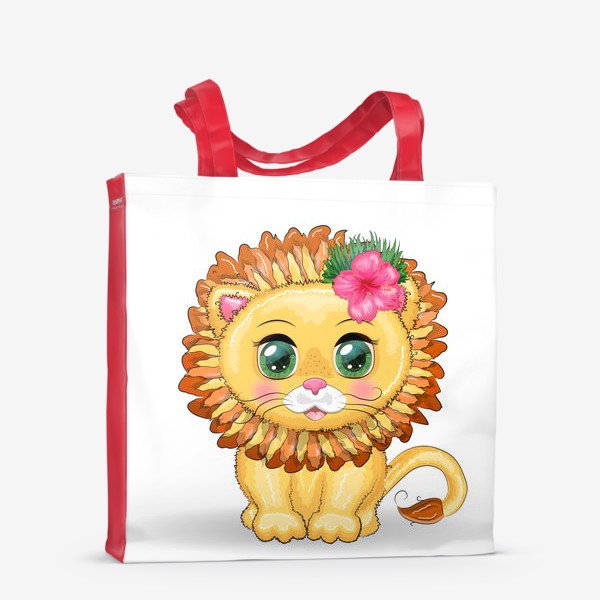 Сумка-шоппер «Львенок с цветком гибискуса, море, Гавайи, отдых. Знак зодиака ЛЕВ»