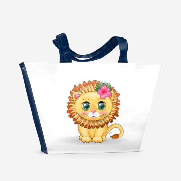 Пляжная сумка «Львенок с цветком гибискуса, море, Гавайи, отдых. Знак зодиака ЛЕВ»