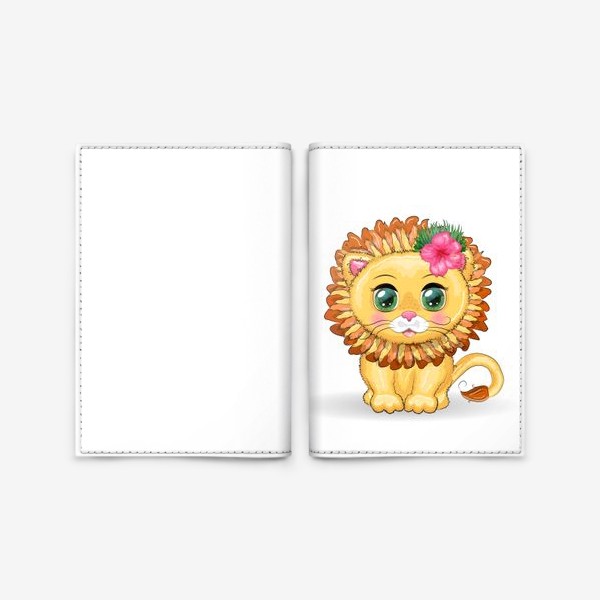 Обложка для паспорта &laquo;Львенок с цветком гибискуса, море, Гавайи, отдых. Знак зодиака ЛЕВ&raquo;