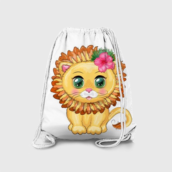 Рюкзак «Львенок с цветком гибискуса, море, Гавайи, отдых. Знак зодиака ЛЕВ»