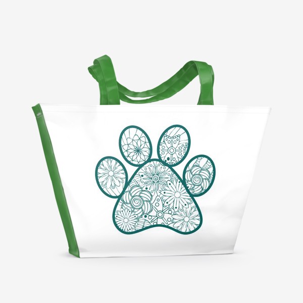 Пляжная сумка «Отпечаток лапки кота/собачки с цветочным узором зентангл»