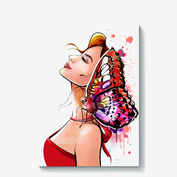 Холст «Девушка в красном с бабочкой на плече»