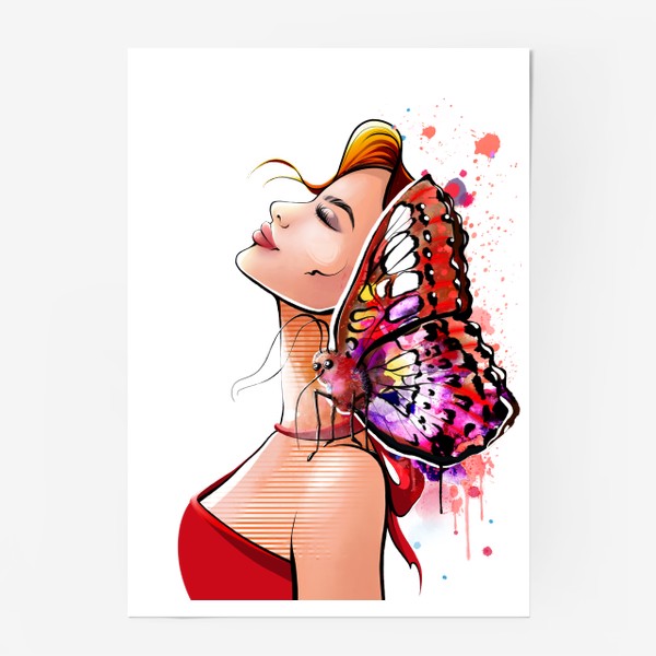 Постер «Девушка в красном с бабочкой на плече»