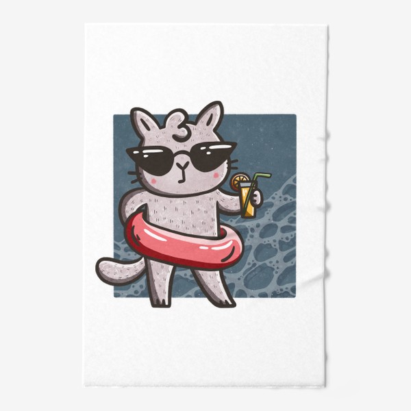 Полотенце «Милая кошка с коктейлем на пляже»