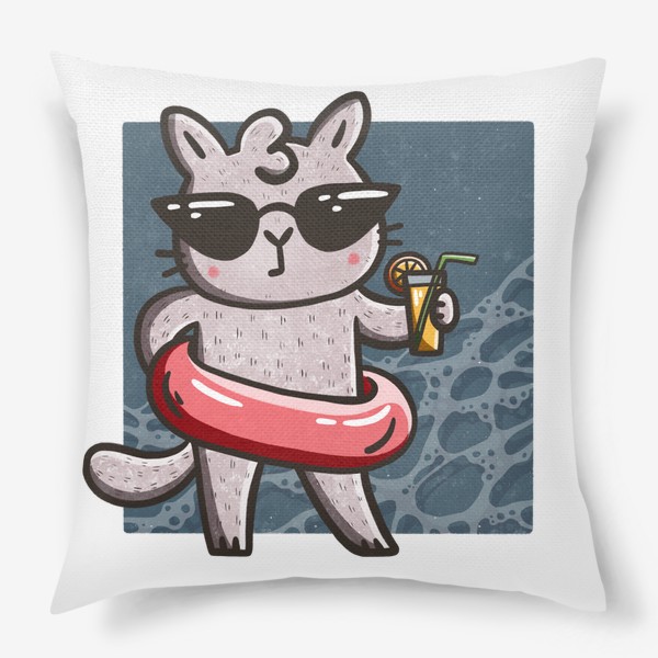 Подушка &laquo;Милая кошка с коктейлем на пляже&raquo;