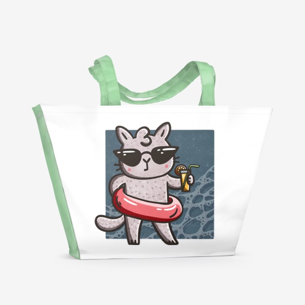 Пляжная сумка &laquo;Милая кошка с коктейлем на пляже&raquo;