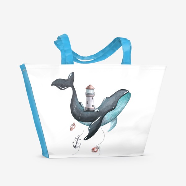 Пляжная сумка «Кит с маяком на спине, ракушками и якорем. Акварель.»