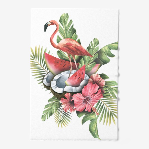 Полотенце &laquo;Розовый фламинго с тропическими листьями и цветами гибискуса, кокосом и арбузом. Акварель.&raquo;
