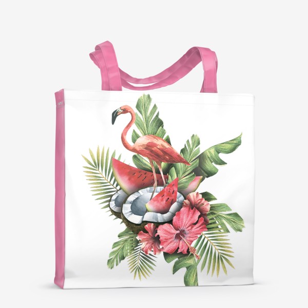 Сумка-шоппер &laquo;Розовый фламинго с тропическими листьями и цветами гибискуса, кокосом и арбузом. Акварель.&raquo;