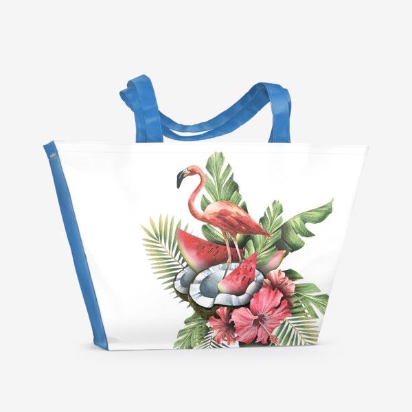 Пляжная сумка &laquo;Розовый фламинго с тропическими листьями и цветами гибискуса, кокосом и арбузом. Акварель.&raquo;