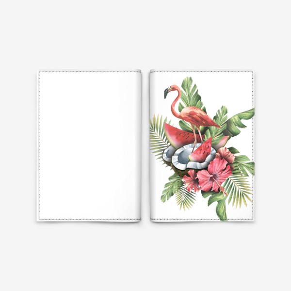 Обложка для паспорта «Розовый фламинго с тропическими листьями и цветами гибискуса, кокосом и арбузом. Акварель.»