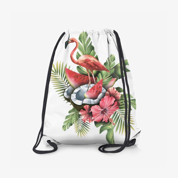 Рюкзак «Розовый фламинго с тропическими листьями и цветами гибискуса, кокосом и арбузом. Акварель.»