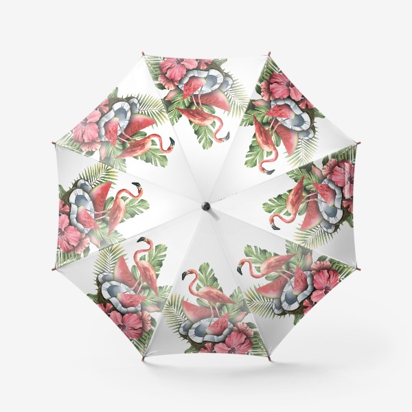 Зонт «Розовый фламинго с тропическими листьями и цветами гибискуса, кокосом и арбузом. Акварель.»