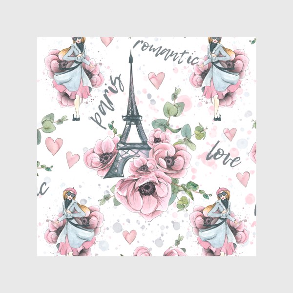 Скатерть «Эйфелева башня, Париж, цветы анемоны, сердечки. Акварельный паттерн.»