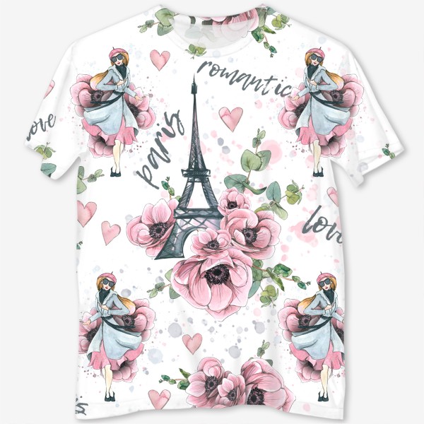 Футболка с полной запечаткой «Эйфелева башня, Париж, цветы анемоны, сердечки. Акварельный паттерн.»