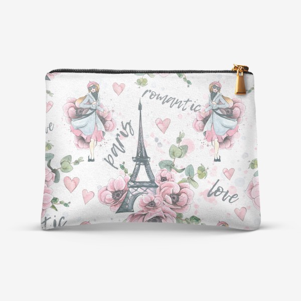 Косметичка «Эйфелева башня, Париж, цветы анемоны, сердечки. Акварельный паттерн.»