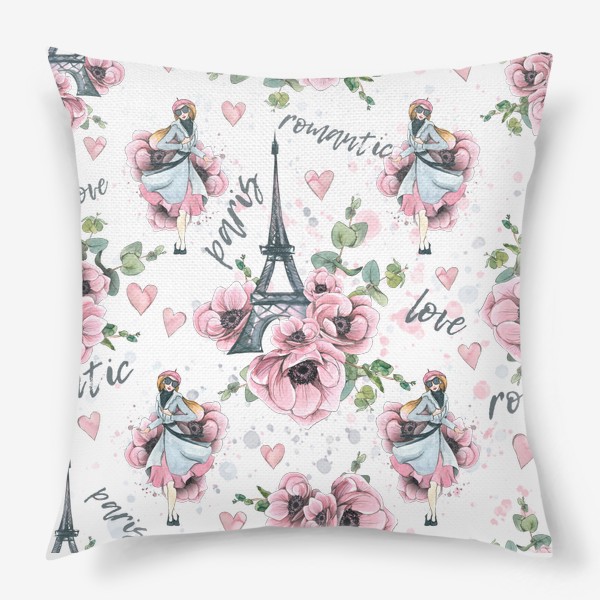 Подушка «Эйфелева башня, Париж, цветы анемоны, сердечки. Акварельный паттерн.»