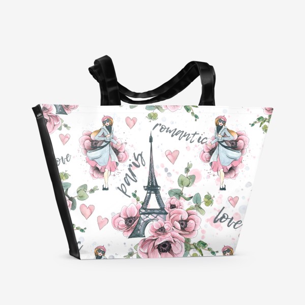 Пляжная сумка &laquo;Эйфелева башня, Париж, цветы анемоны, сердечки. Акварельный паттерн.&raquo;