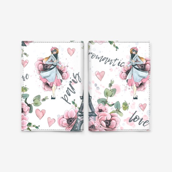Обложка для паспорта &laquo;Эйфелева башня, Париж, цветы анемоны, сердечки. Акварельный паттерн.&raquo;