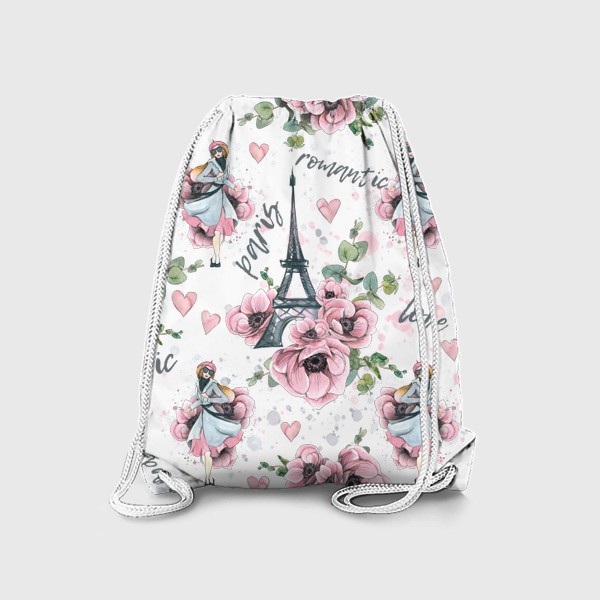 Рюкзак «Эйфелева башня, Париж, цветы анемоны, сердечки. Акварельный паттерн.»