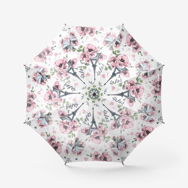 Зонт «Эйфелева башня, Париж, цветы анемоны, сердечки. Акварельный паттерн.»