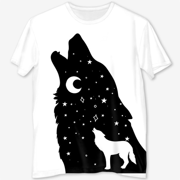 Футболка с полной запечаткой &laquo;волк воющий на луну, черная звездная голова с ночным небом и телом волка, серия магические животные&raquo;