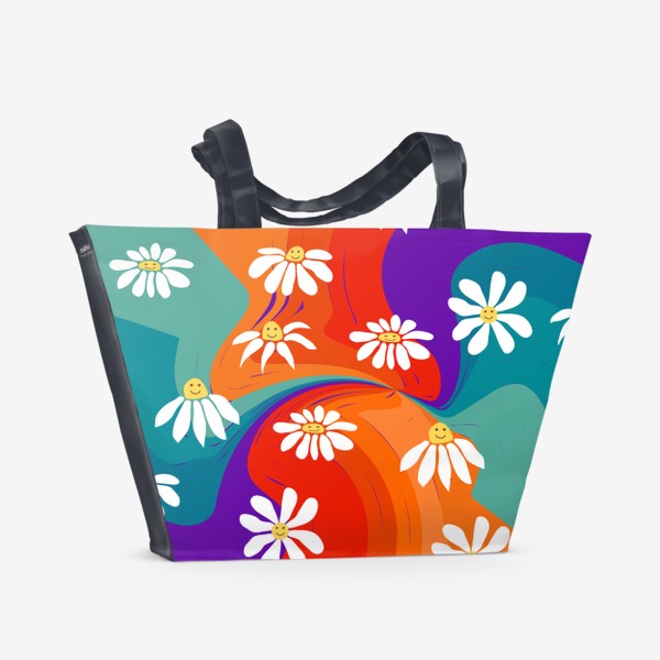 Пляжная сумка «Ретро ромашки и радужные завыхрения, триппи, семидесятые паттерн»