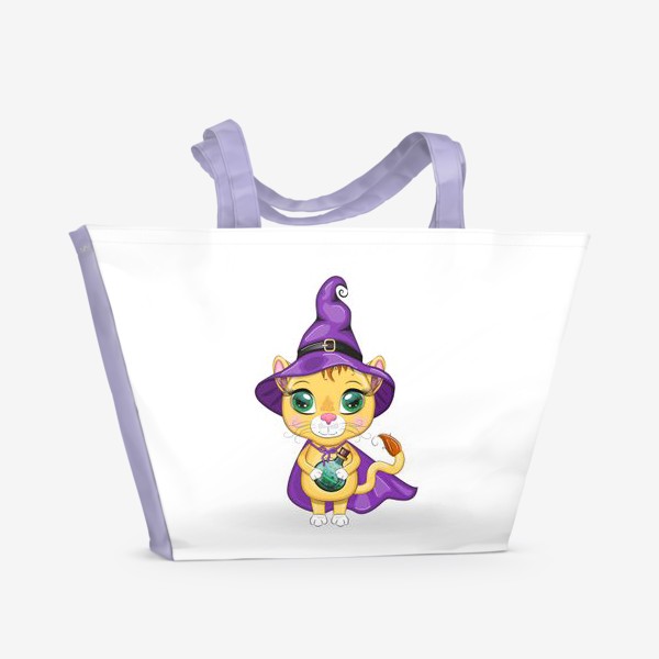 Пляжная сумка «Львица-волшебница в фиолетовом плаще, остроконечной шляпе держит зелье»